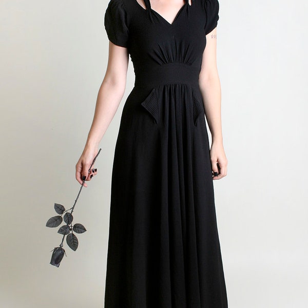 RESERVED - 1930s Maxi Dress - Vintage Handmade Jet Black Cut Out Shoulder Gown - Small to Medium