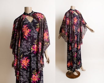 Vintage 1960s Maxi Dress with Sheer Capelet - Dark Brown with Pink Floral Print Sleeveless Hawaiian Flower Cape Goddess Boho Bohemian Small