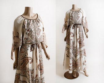 Vintage 1970s Dress - I.Magnin Dalani II Brown White Paisley Print Angel Handkerchief Wing Scarf Maxi Dress - Bohemian Feminine - Small