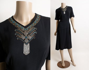 Vintage 1940s Rayon Crepe Evening Dress - Egyptian Revival Beaded Necklace Illusion 40s Peplum Silver Blue Black Classic Noir - Large