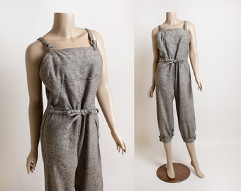Vintage 1980s Jumpsuit - Brown Beige Flecked Adjustable Strap Overalls Style Capri Length Pant Newsies 80s Jumper - Medium