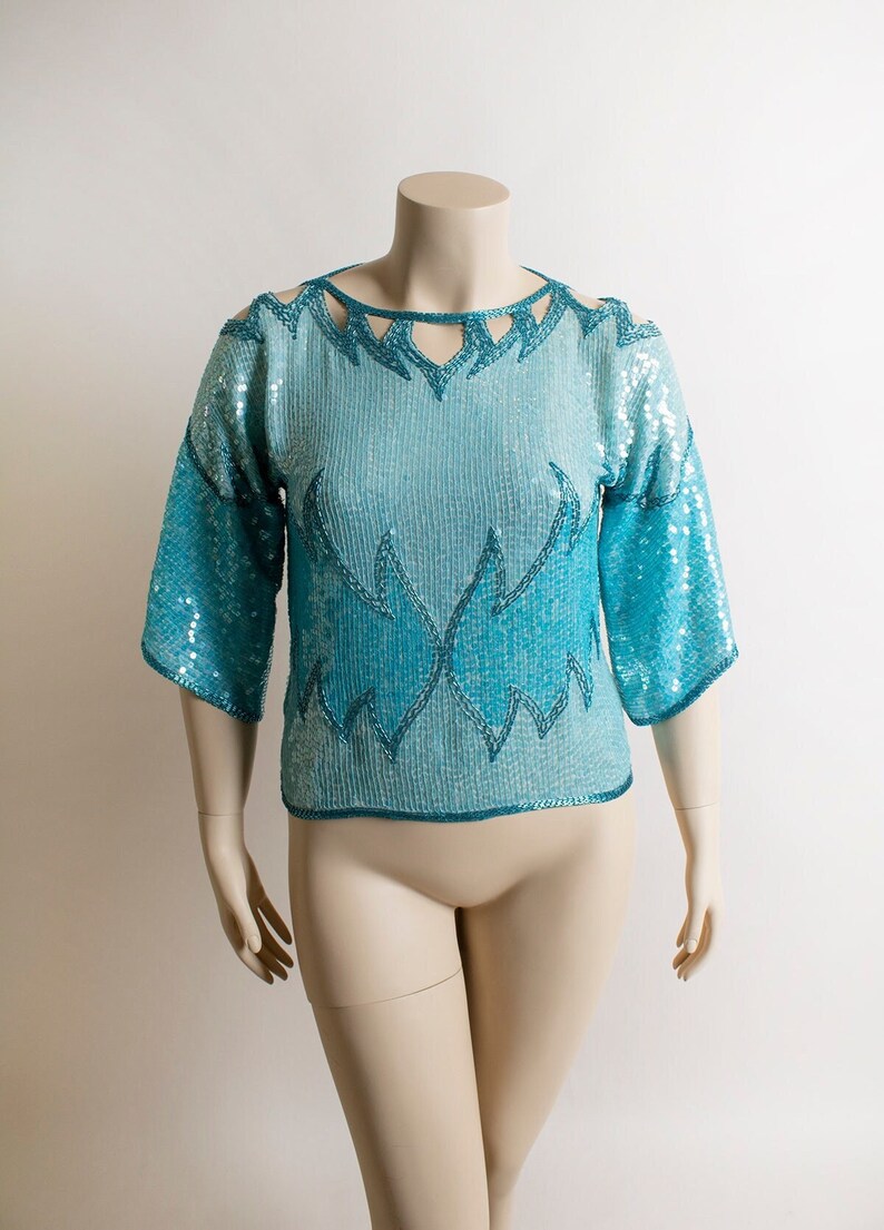 Vintage Sequined Cut-Out Cold Shoulder Blouse Light Blue Teal Iridescent Aquamarine Turquoise Beaded Silk Wings Flames Top Large image 1
