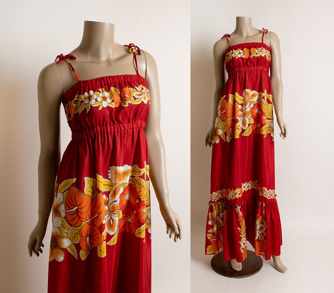 Vintage 1970s Hawaiian Maxi Dress - Red Maroon Orange Hibiscus Floral ...