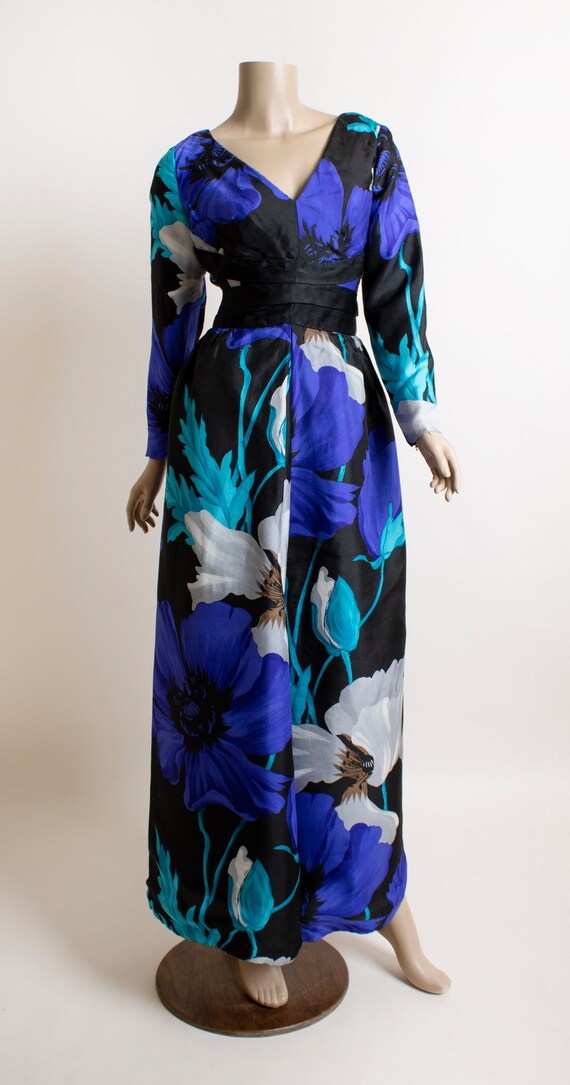 Vintage 1970s Floral Maxi Dress - Blue Teal Black… - image 3