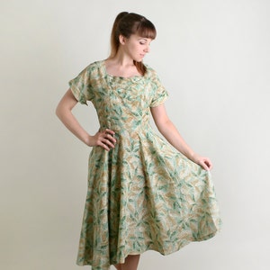 Vintage 1950s Dress - Sheer Mint Leave Print Light Day Dress - Novelty Print Rockabilly VLV - Large Summer