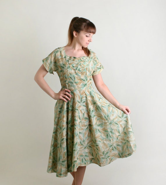 Vintage 1950s Dress - Sheer Mint Leave Print Ligh… - image 1