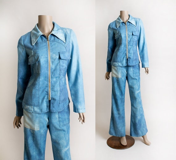 Vintage 1970s Jacket & Flare Pants Set - Blue Sky… - image 1