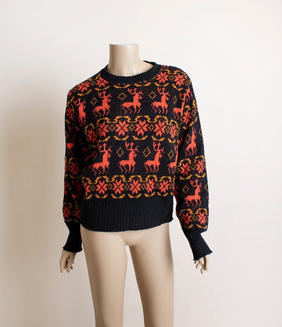 Vintage 1970s Reindeer Sweater - Black and Red Kn… - image 1