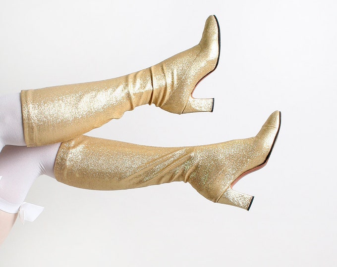 Vintage Gold Gogo Boots Sparkly Golden Knee High Boots Etsy