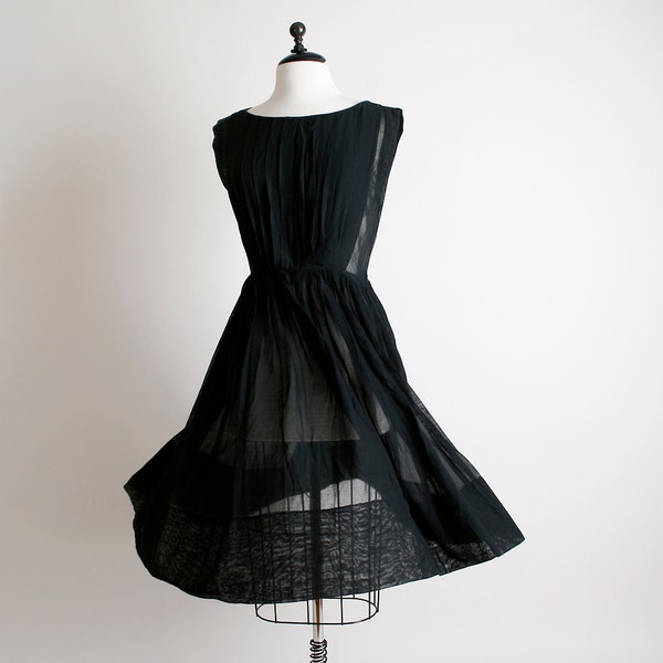 Vintage 1950s Dress - Sheer Black Pleated Day Dress - Small to Medium