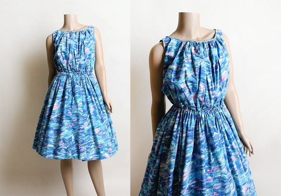 Vintage 1960s Dress - Blue Watercolor with Pink B… - image 1