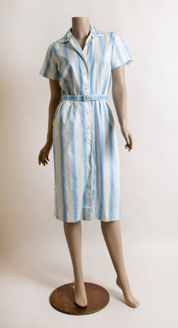 Vintage 1950s Dress - Blue & White Striped Cotton… - image 3