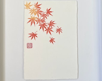 Japanese Maple Leaf Block Print: Hand-Carved Momiji Art on Washi Paper