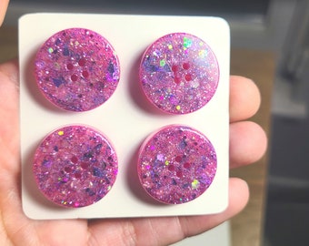 Fashion Buttons, Pink Sparkles, Four Hole Round, Set of Four - Perfect White Coat Accessory! Available in Two Sizes
