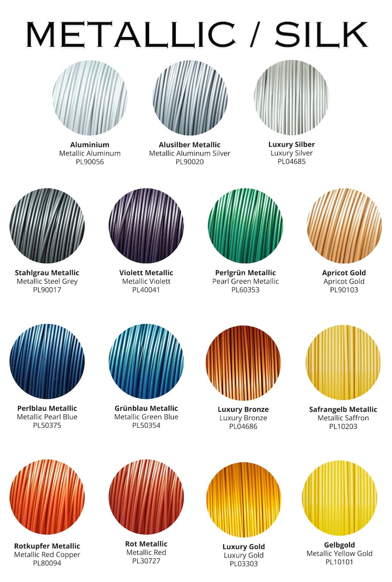 May include: A chart of 12 different metallic colors of filament for 3D printing. The colors include aluminum, steel grey, pearl blue, aluminum silver, violet, pearl green, green blue, bronze, apricot gold, saffron, red copper, and red. Each color is labeled with its name, a description of the color, and a product code.