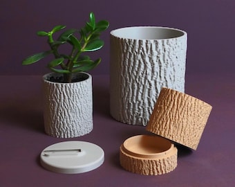 Esche Rinde Pflanzgefäß mit versteckter Tropfschale in verschiedenen Größen, einzigartiges 3D-gescanntes Design für stilvolle Wohnkultur und Gartenarbeit