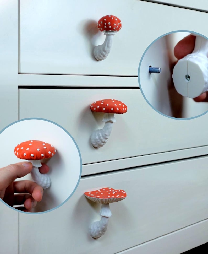 May include: White dresser with three mushroom-shaped drawer pulls. The drawer pulls have red caps with white spots and white stems. The mushroom drawer pulls are attached to the white dresser with screws. The image also shows a close-up of the screw and the back of the drawer pull.
