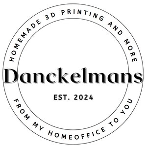 May include: Black and white logo with the text "HOMEMADE 3D PRINTING AND MORE" in a circle around the text "Danckelmans" and the text "EST. 2024" below. The text "FROM MY HOME OFFICE TO YOU" is in a circle below the text "Danckelmans".