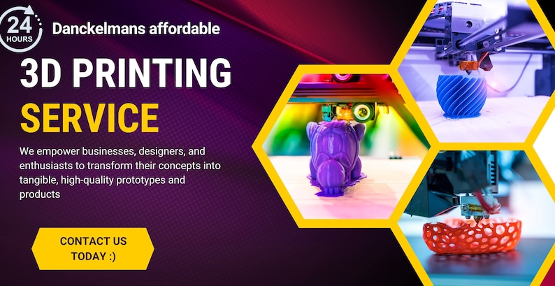 May include: A collage of images showcasing 3D printing services. The images feature various 3D printed objects, including a purple dinosaur, a blue spiral, and a red honeycomb design. The text "24 HOURS" and "Danckelmans affordable 3D PRINTING SERVICE" is visible in the top left corner. The text "CONTACT US TODAY :)" is visible in the bottom left corner.