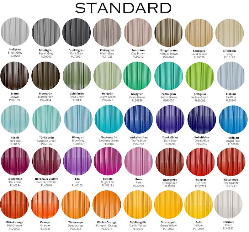 May include: A color chart with 48 different colors of plastic filament. Each color is labeled with its name and a corresponding color code. The colors are arranged in rows and columns, and the chart is titled "STANDARD".