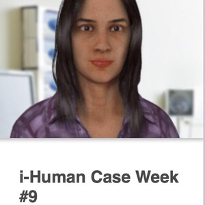 May include: A woman with long black hair is wearing a purple and white patterned shirt. The text "i-Human Case Week #9" is displayed above her. Her height and weight are listed as 5' 6" (168 cm) and 122.0 lb (55.5 kg).