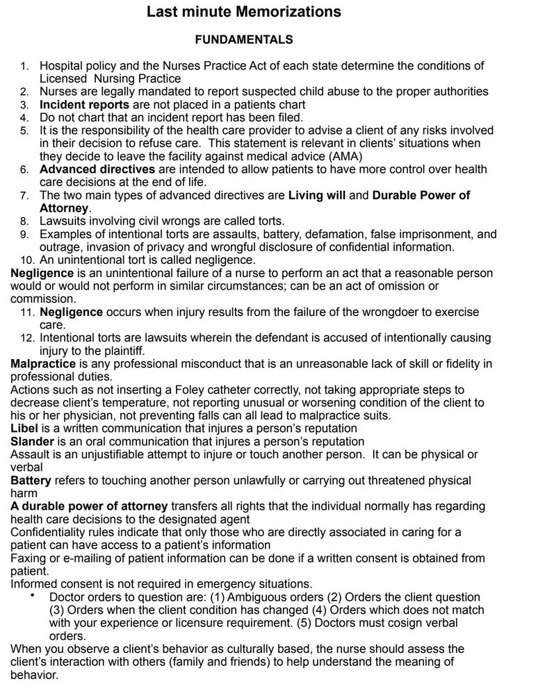 Puede incluir: Un documento en blanco y negro con el t&iacute;tulo "Last Minute Memorizations" y el encabezado "Fundamentals". El documento enumera y describe las consideraciones legales y &eacute;ticas para las enfermeras, incluidos temas como la negligencia, la mala praxis y el consentimiento informado.