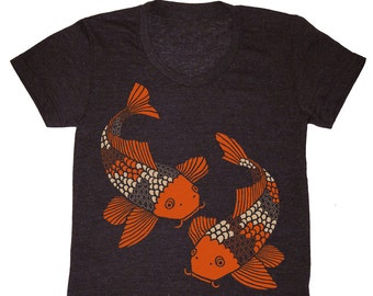 Womens Koi Fish T-shirt - Girls Tee Shirt Japanese Woodcut Pond Water Lily Garden Botanical Zen Yoga Buddhist Asian Bonsai Goldfish Tshirt