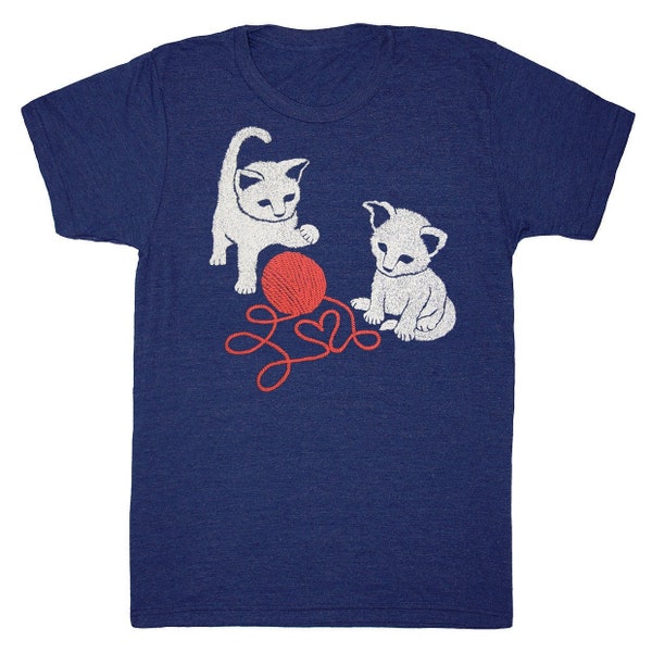 Kittens - Unisex Mens XXLARGE T-Shirt Tee Shirt Adorable Yarn Animals Fun Friends Pets Cute Cat Kitties Kitty Kitten Cats Blue Indigo Tshirt