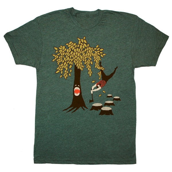 Baum gegen Holzfäller - Unisex Herren T-Shirt Lustig Humor Wald Axt Karo Flanell Natur Bart T-Shirt Eco Forest Green GivingTree Tshirt