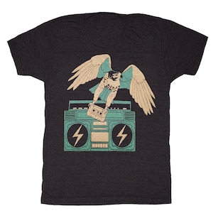 Hawk - Unisex Mens T-shirt Tee Shirt Eagle Falcon Boombox Music Old School Cassette Tape Vinyl Bird Owl Mixtape Dj Retro Tri Black Tshirt