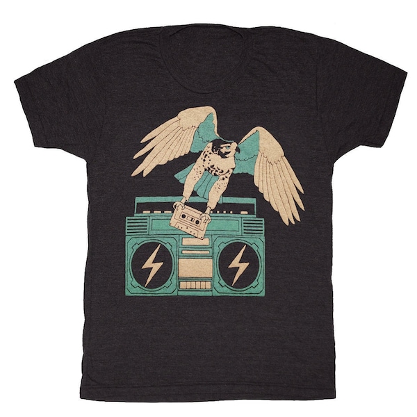 Hawk - T-shirt unisexe pour hommes Tee Shirt Eagle Falcon Boombox Musique Old School Cassette Tape Vinyl Bird Owl Mixtape Dj Retro Tri Black Tshirt