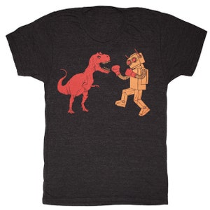 Dinosaur vs Robot - Unisex Mens T-shirt Retro SciFi Tee Shirt Awesome Funny Red Dino Orange Geek Vintage Boxing Tri Black Charcoal Tshirt