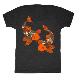 Koi Fish - Unisex Mens T-shirt Retro Tee Shirt Vintage Aquarium Japanese Rock Garden Pond Bonsai Kimono Goldfish Tri Black Charcoal Tshirt