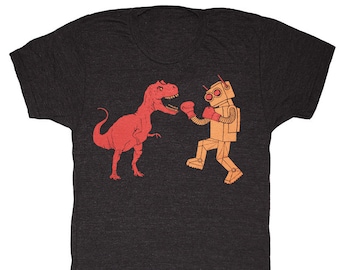 Dinosaur vs Robot - Unisex Mens T-shirt Retro SciFi Tee Shirt Awesome Funny Red Dino Orange Geek Vintage Boxing Tri Black Charcoal Tshirt