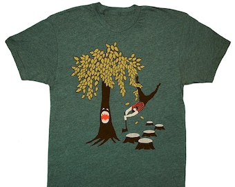 Tree vs Lumberjack - Unisex Mens T-shirt Funny Humor Woodland Axe Plaid Flannel Nature Beard Tee Shirt Eco Forest Green GivingTree Tshirt