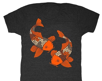 Koi Fish - Unisex Mens T-shirt Retro Tee Shirt Vintage Aquarium Japanese Rock Garden Pond Bonsai Kimono Goldfish Tri Black Charcoal Tshirt