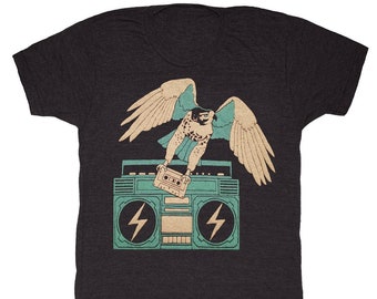 Hawk - Unisex Heren T-shirt T-shirt Eagle Falcon Boombox Muziek Old School Cassette Tape Vinyl Vogel Uil Mixtape DJ Retro Tri Zwart Tshirt