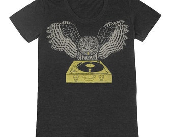 DJ Owl - Womens T-shirt Girls Tee Shirt Turntable Music Bird Retro Awesome Cool Feathers Woodland Record Spinning Charcoal Tri Black Tshirt