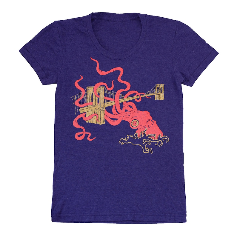 Squid Attack Womens Girls T-Shirt Track Tee Shirt Awesome Neko Case Nautical Octopus Kraken Monster Brooklyn Bridge Blue Indigo Tshirt image 2