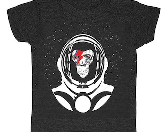 KIDS Space Chimp T-Shirt - Childrens Bowie Oddity Monkey Astronaut Stars Lightning Bolt Black White Red Blue Rocket Tee TShirt Cute Ape Kid
