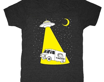 Taco Truck Abduction-Camiseta Unisex para hombre, camiseta de ciencia ficción alienígena, impresionante y divertida camiseta amarilla de Taco Vintage Truck Tri Black Charcoal