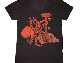 Octopus - Womens T-shirt Girls Tee Shirt Red Coney Island Amusement Park Rollercoaster Sci-Fi Retro Monster Squid Black Charcoal Tshirt