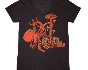Octopus - Womens T-shirt Girls Tee Shirt Red Coney Island Amusement Park Rollercoaster Sci-Fi Retro Monster Squid Black Charcoal Tshirt