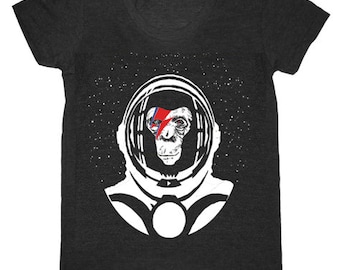 Space Chimp - Womens Fitted TShirt Ape Monkey Bowie Space Astronaut Stars Lightning Bolt Black White Red Blue Rocket Oddity Stars Tee Shirt
