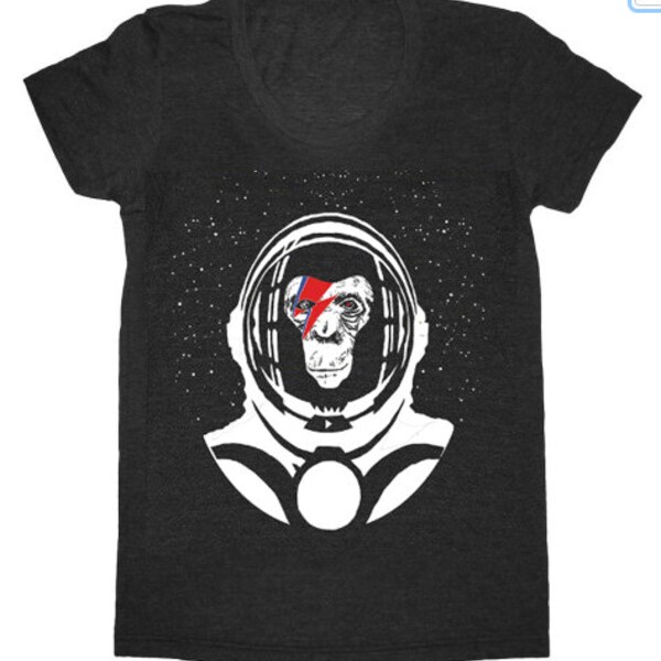Space Chimp - Damen T-Shirt ausgestattet Ape Bowie Space Astronaut Stars Blitz schwarz weiß rot blau Rakete Oddity Stars T-Shirt