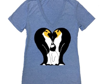 Penguin Family Women's Fitted VNeck - Girls T-Shirt Tee Shirt Animal Nature Family Cute Adorable Penguin Blue snow ice Triblend Tshirt