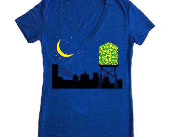 Water Tower - Women's V-Neck Water Tower Night Moon Stars Brooklyn T-shirt Blue Black Yellow Green BK Moonlight New York City Glow