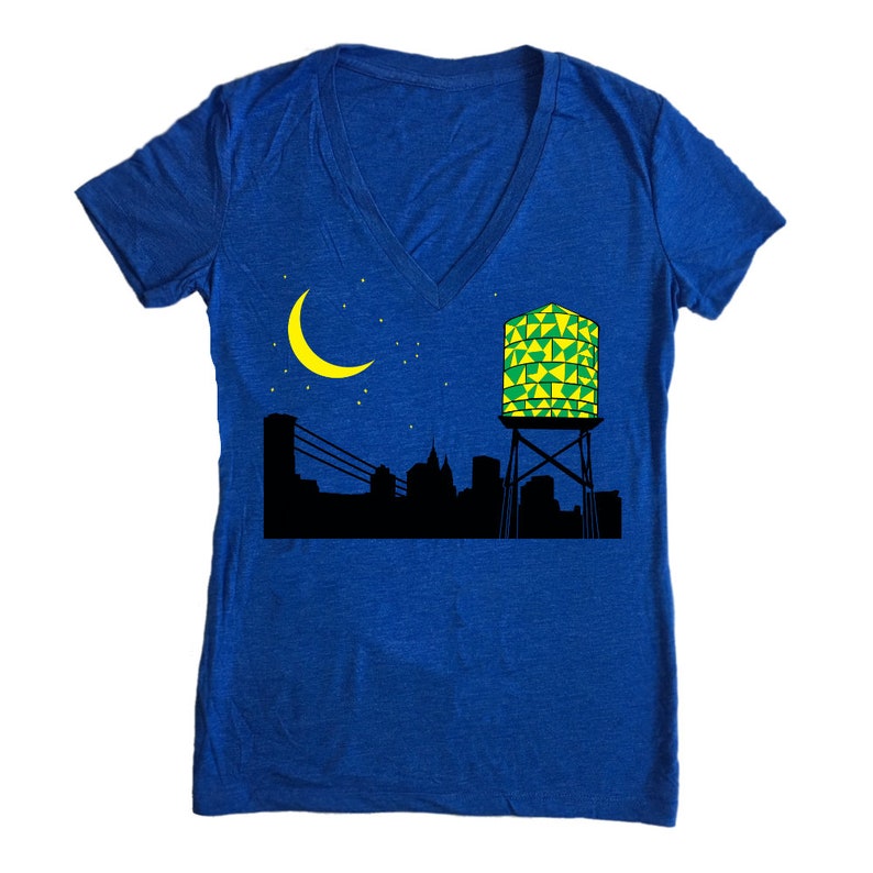 Water Tower Women's V-Neck Water Tower Night Moon Stars Brooklyn T-shirt Blue Black Yellow Green BK Moonlight New York City Glow image 1