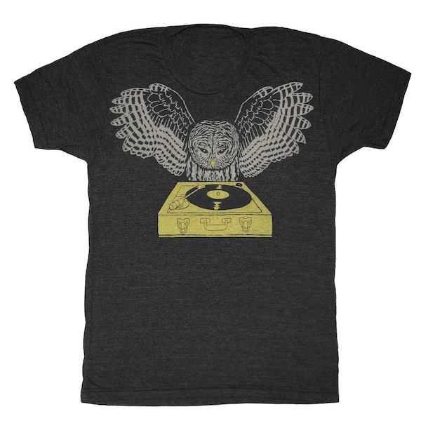 DJ Owl - Unisex Mens T-Shirt Tee Shirt Record Bird Feathers Retro Spinning Chartreuse Turntable Awesome Music Tri Black Charcoal Tshirt