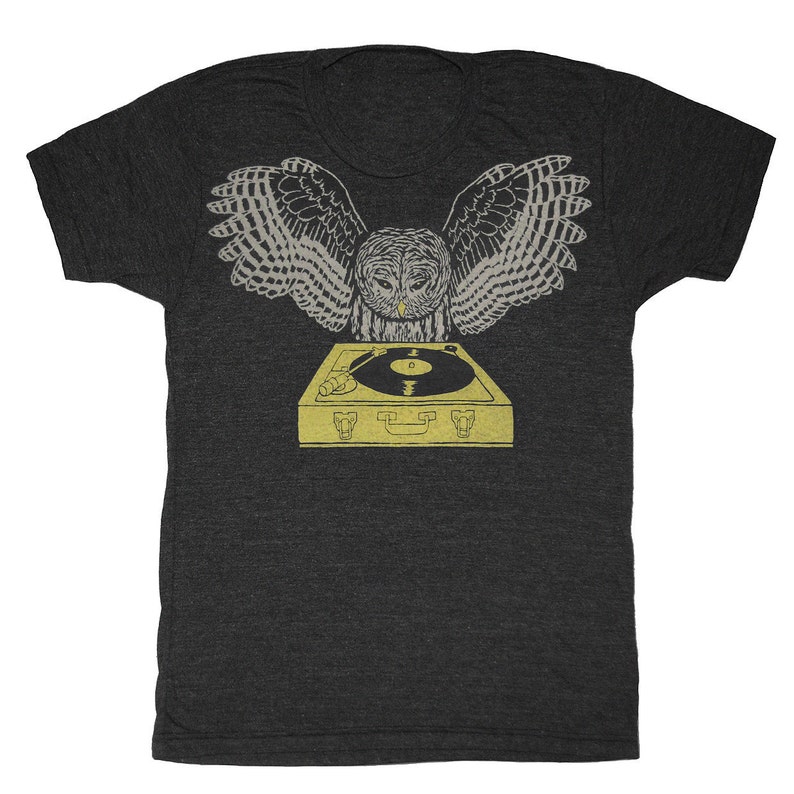 DJ Owl Unisex Mens T-Shirt Tee Shirt Record Bird Feathers Retro Spinning Chartreuse Turntable Awesome Music Tri Black Charcoal Tshirt image 1